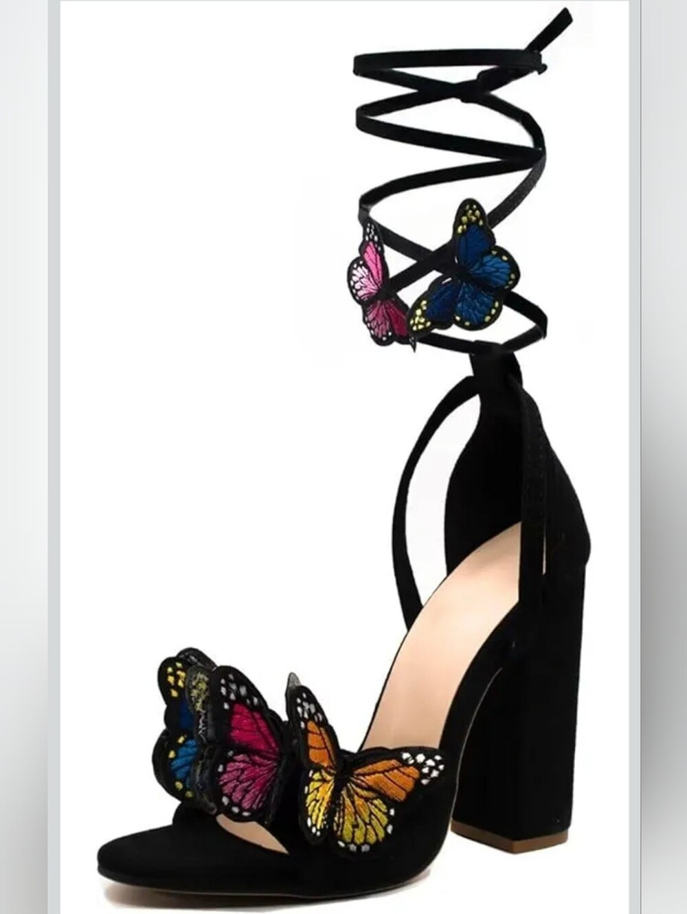 Black Lace-Up Butterfly Block Heel Sandals
